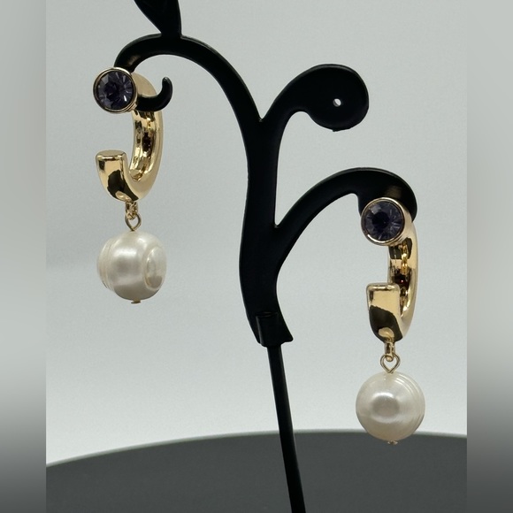 INC Gold Tone Open Hoop with Dangling Faux Pearl Purple Crystal Post Earrings - Picture 2 of 13